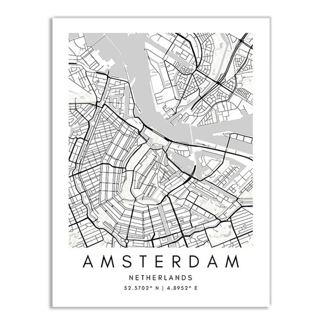 London Paris New York City Map Wall Art Fine Art Canvas Print CUSTOM City Map Picture Minimalist Black White Nordic Style Home Office Interior Decor