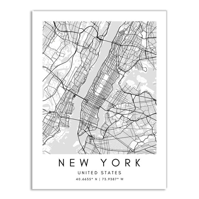 London Paris New York City Map Wall Art Fine Art Canvas Print CUSTOM City Map Picture Minimalist Black White Nordic Style Home Office Interior Decor