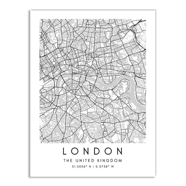 London Paris New York City Map Wall Art Fine Art Canvas Print CUSTOM City Map Picture Minimalist Black White Nordic Style Home Office Interior Decor