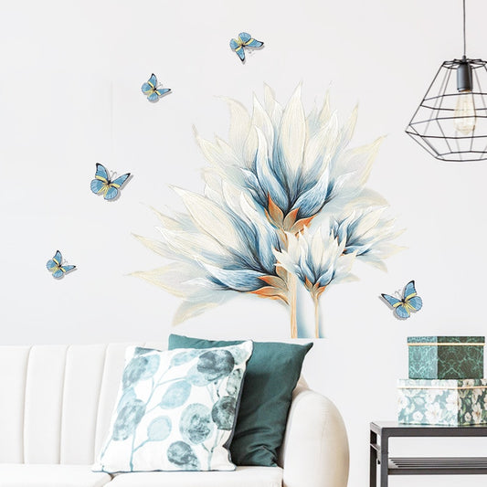 Pastel Blue Tropical Flower Butterflies Wall Mural Removable PVC Vinyl Wall Decal For Living Room Decoration Simple Creative DIY Home Makeover Wall Art Decor