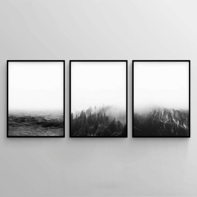 Modern Mountain Landscape Seascape Wall Art Minimalist Black White Nordic Pictures Fine Art Canvas Prints For Living Room Scandinavian Home Decor