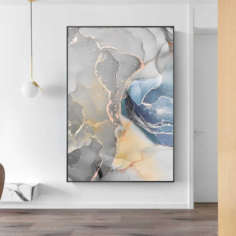 Abstract Grey Blue Marble Effect Wall Art Fine Art Canvas Prints Pictures For Living Room Nordic Style Modern Art Posters For Home Office Interior Decor