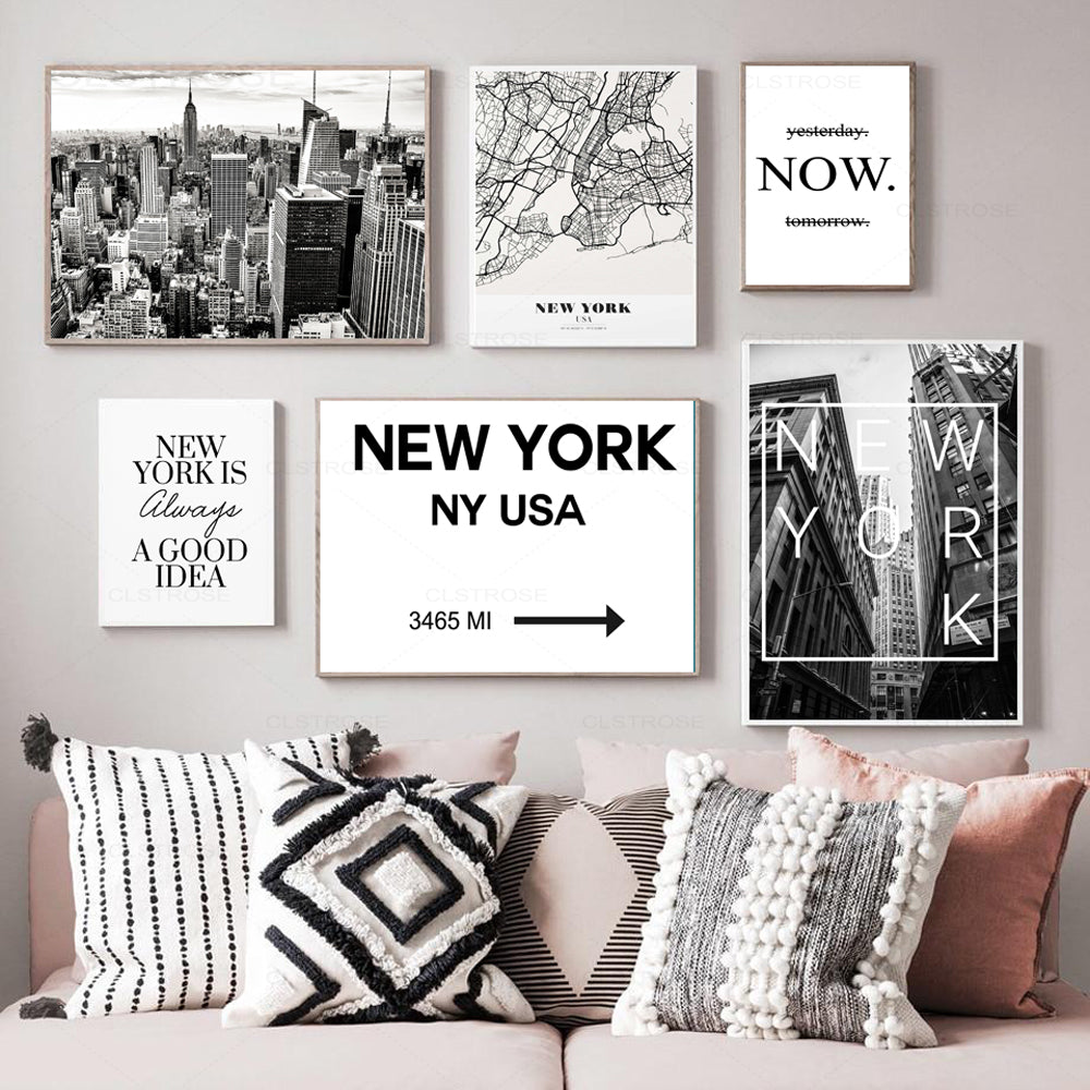 New York USA City Map Black White Travel Posters Wall Art Fine Art Canvas Prints Fashion Pictures For Living Room Bedroom Home Office Interior Art Decor
