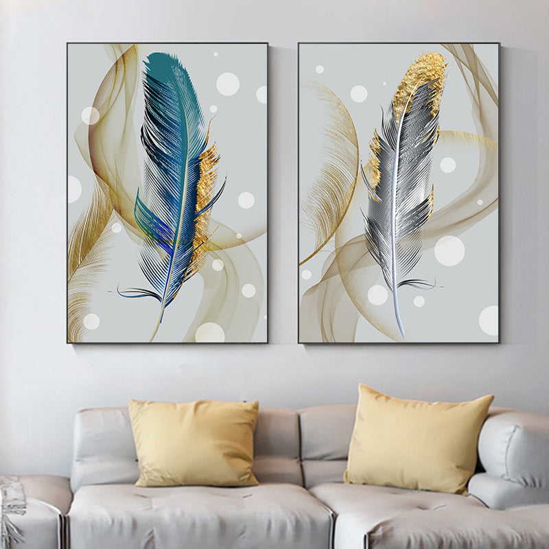 Abstract Blue Golden Feathers Wall Art Fine Art Canvas Prints Modern Lifestyle Nordic Pictures For Bedroom Dining Room Luxury Living Room Art Decor