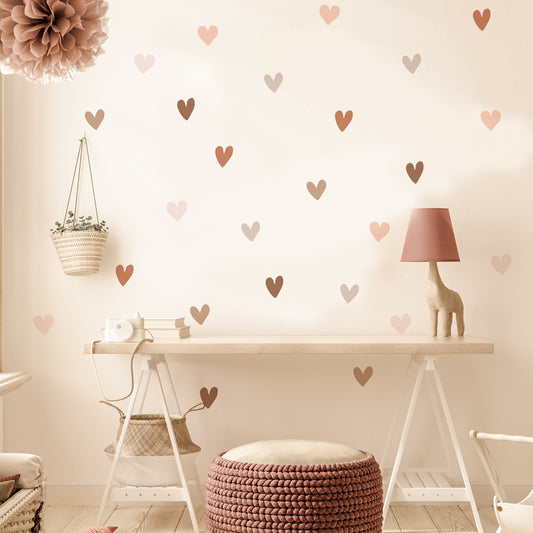 Bohemian Hearts Wall Decals Neutral Colors Beige Brown Pink Hearts Removable PVC Wall Stickers For Baby's Room Children's Bedroom Nursery Decor