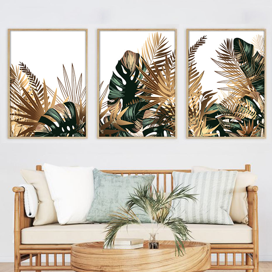 Tropical Green Golden Leaves Abstract Wall Art Minimalist Botanical Wall Art Pictures For Living Room Dining Room Nordic Home Interior Decoration
