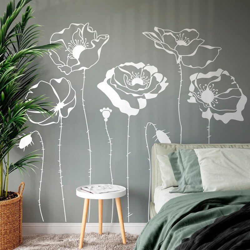 Poppy Silhouettes Vinyl Wall Mural For Floral Living Room Bedroom Decor Removable Self Adhesive PVC Flowers Wall Stickers For Creative DIY Decor