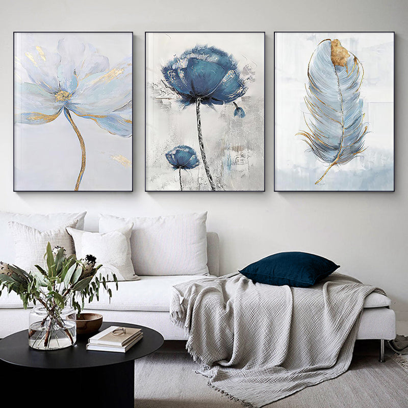 Scandinavian Floral Wall Art Fine Art Feathers Canvas Prints Light Luxury Pale Vintage Blue Beige Pictures For Living Room Nordic Home Decoration