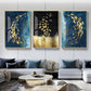 Nordic Golden Fish in Abstract Azure Sea With Gold Butterflies By Night Contemporary Fine Art Canvas Prints For Modern Home Office Interior Decor
