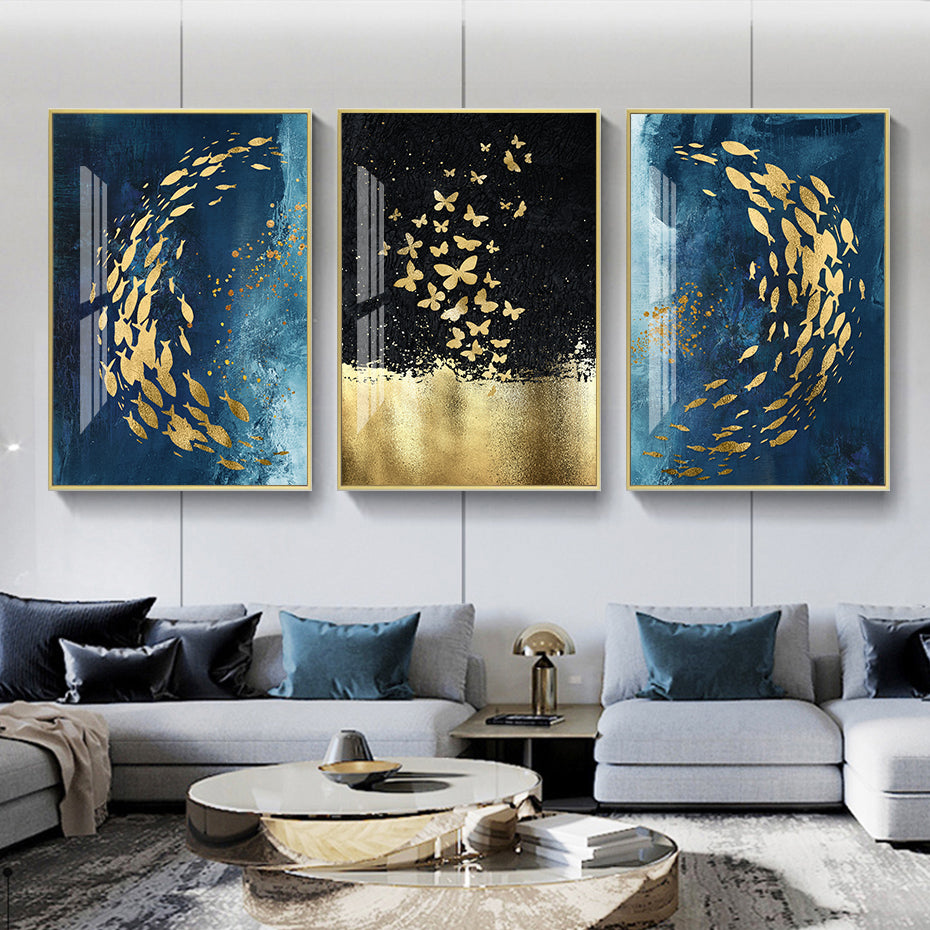 Abstract Nordic Golden Fish in Azure Sea Luxury Wall Art With Gold
