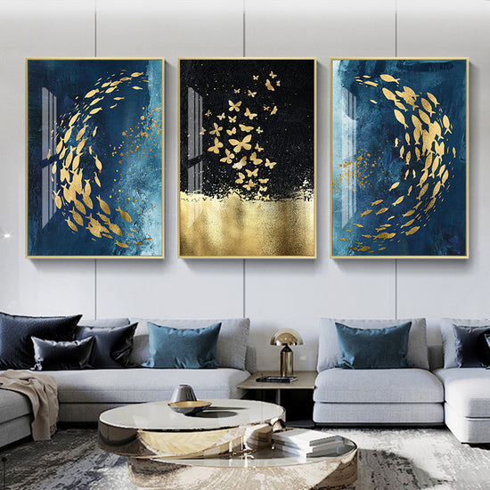 Abstract Nordic Golden Fish in Azure Sea Luxury Wall Art With Gold ...