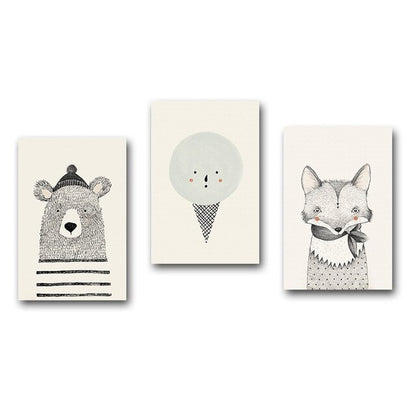 Woodland Animals Nursery Wall Art Fox Bear And Ice Cream Cute Characters Fine Art Canvas Prints Nordic Pictures For Children's Bedroom Decor