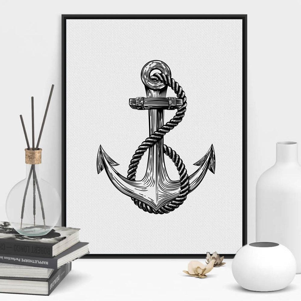 Iconic Anchor Black And White Nautical Sailor Themed Wall Art Fine Art Canvas Prints Minimalist Pictures For Modern Beach Home Office Decor