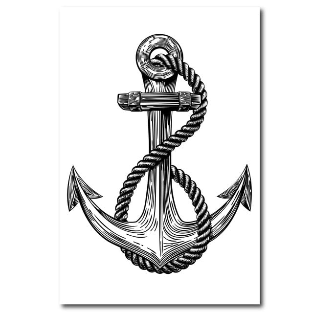 Iconic Anchor Black And White Nautical Sailor Themed Wall Art Fine Art Canvas Prints Minimalist Pictures For Modern Beach Home Office Decor