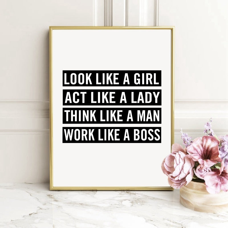 Act Like A Lady Work Like A Boss Quotation Black And White Minimalist Wall Art Motivational Poster For Girls Room Fine Art Canvas Prints