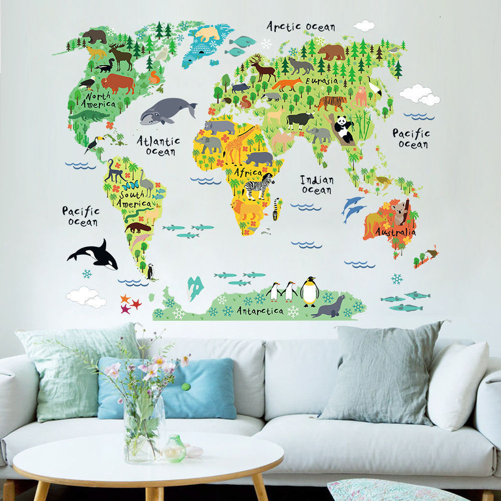 Delightful Global Wildlife Chart Wall Decal For Kids Room Colorful Chart Of The Continents With Cartoon Wildlife Removable PVC 75x90cm Wall Decal