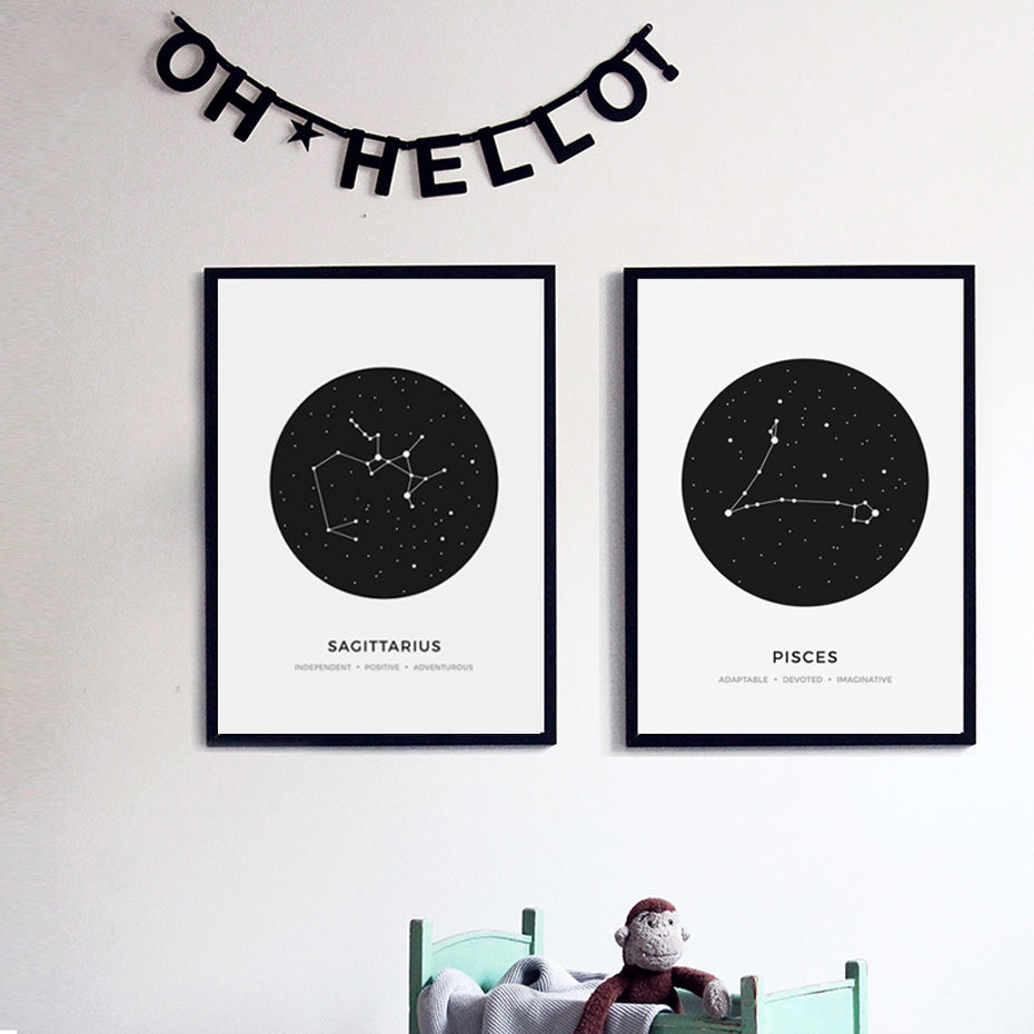 Constellation Posters Abstract Astrology Wall Art Black White Canvas Prints Each Star-Sign With 3 Traits Canvas Prints For Office Bedroom Home Decor