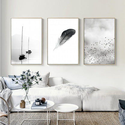 Abstract Landscape Birds Feather Minimalist Nordic Fine Art Canvas Prints Black White White Photographic Art For Modern Home Office Decor