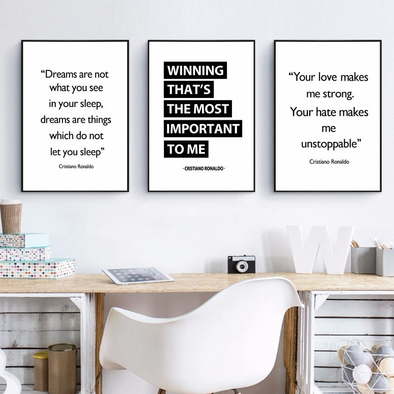 Cristiano Ronaldo Quotes Wall Art Posters Dreams Are Not What You See In Your Sleep Minimalist Black & White Fine Art Canvas Prints Inspirational Quotes Posters