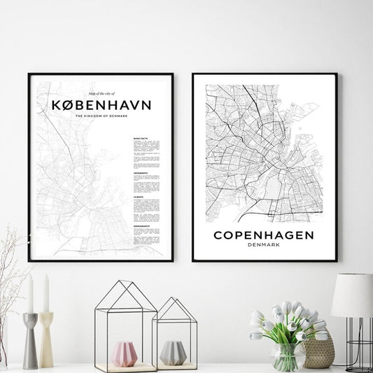Copenhagen City Map Wall Art Black White Fine Art Canvas Print Minimalist Scandinavian Travel Poster For Bedroom Living Room Home Office Art Decor