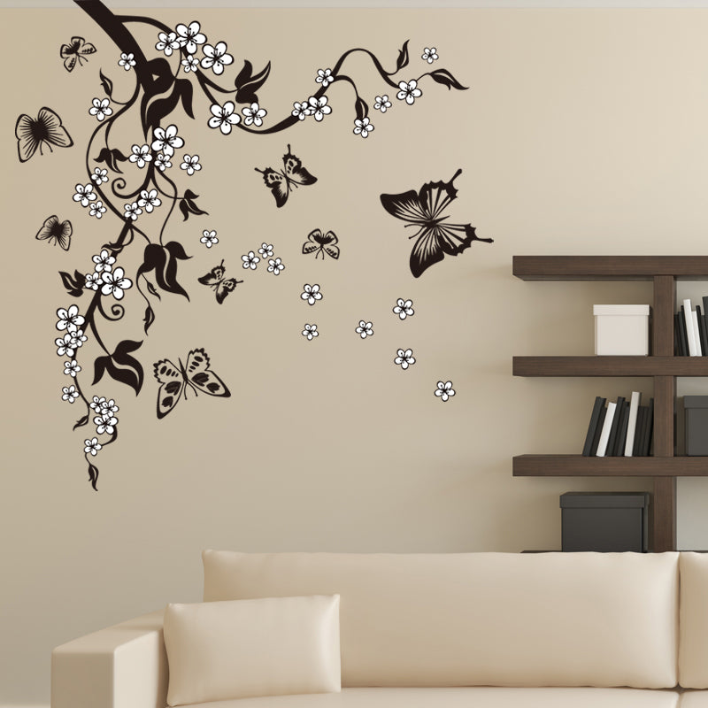 Flowers And Butterflies In Tree Floral Branch Wall Mural Removable PVC Wall Art Decal For Bedroom Living Room Children's Playroom Wall Decor