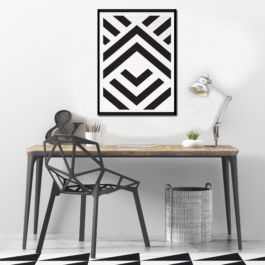Abstract Aztec Wall Art Black and White Chevron Print Geometric Symmetric Modern Art Poster For Office Home Decor