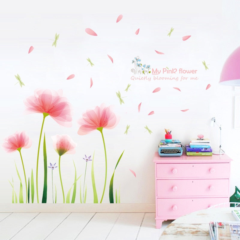Pink Flower Garden Wall Mural Removable Peel-and-stick PVC Vinyl Wall Decal For Living Room Dining Room Simple Creative Wall Makeover DIY Wall Decor
