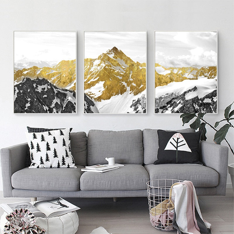 Golden Mountain Landscape Wilderness Wall Art Semi Abstract Mystical Terrain Fine Art Canvas Prints Nordic Pictures For Modern Home Decor