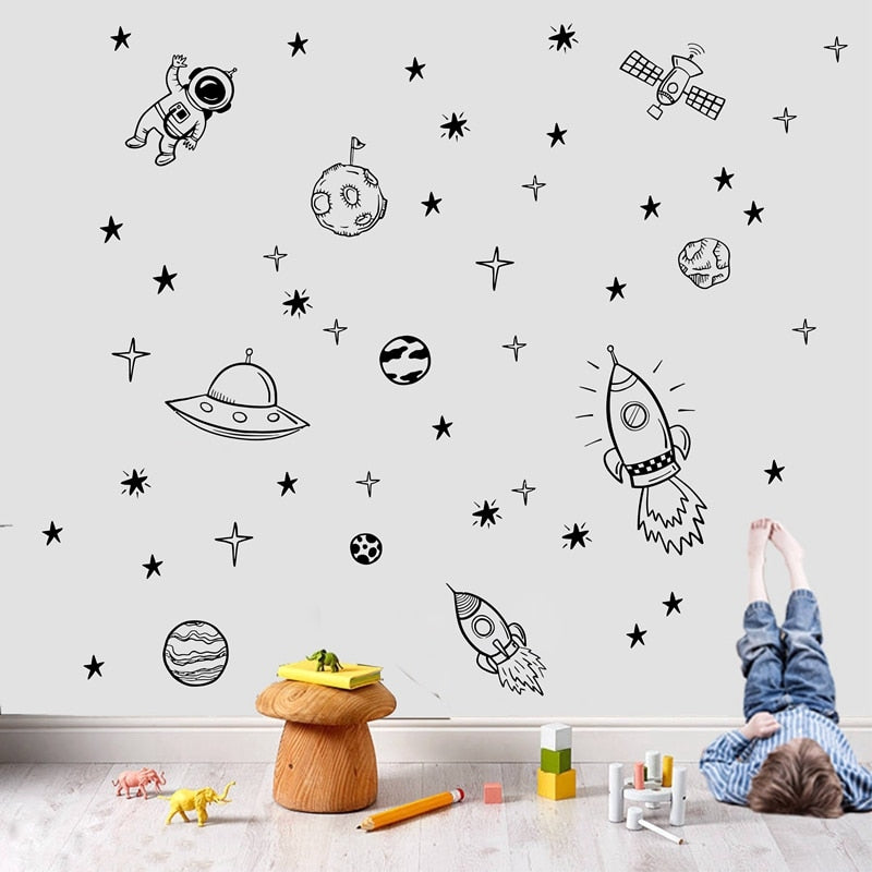 Spaceship Astronaut Adventure Wall Decals For Boy's Room Removable Self Adhesive PVC Wall Stickers For Kid's Room Creative DIY Home Decor