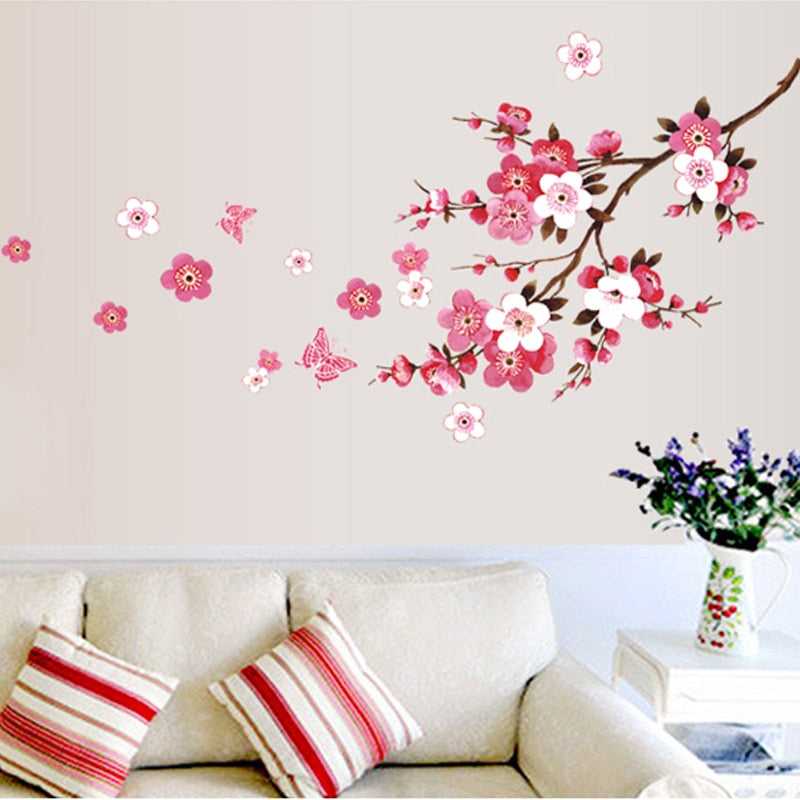 Pink Cherry Blossom Wall Mural Removable PVC Wall Decals Cherry Tree Branch Blossom Flowers Floral Wall Stickers For Bedroom Living Room Creative DIY Decor