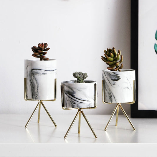Nordic Style Ceramic Marble Pattern Tabletop Flower Pot With Black White Or Gold Iron Legs Succulents Vase Fashionable Nordic Home Decor