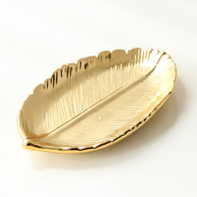 Nordic Style Tropical Leaves Ceramic Plate Gold Silver And Rose Gold Ceramic Tree Leaf Tray Snacks Dish Storage Tray Jewelry Trinket Dish