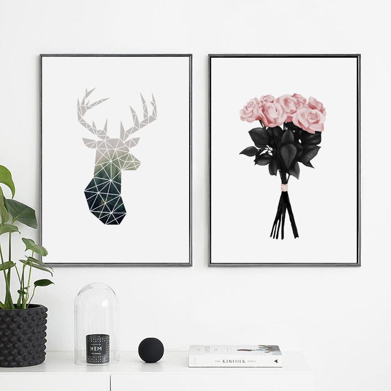 Nordic Minimalist Geometric Wall Art Deer Motif And Roses Bouquet Fine Art Canvas Prints For Modern Office Home Living Room Interior Decor