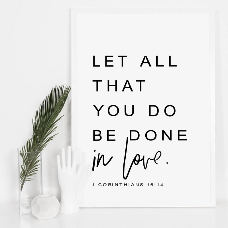 Let All That You Do Be Done In Love Famous Verse Wall Art Fine Art Canvas Print Black & White Minimalist Typographic Poster For Living Room Bedroom Wall Decor