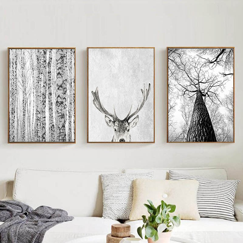 Black And White Scandinavian Winter Wall Art Woodland Nature Deer Silver Birch Forest Fine Art Canvas Prints For Living Room Dining Room Decor