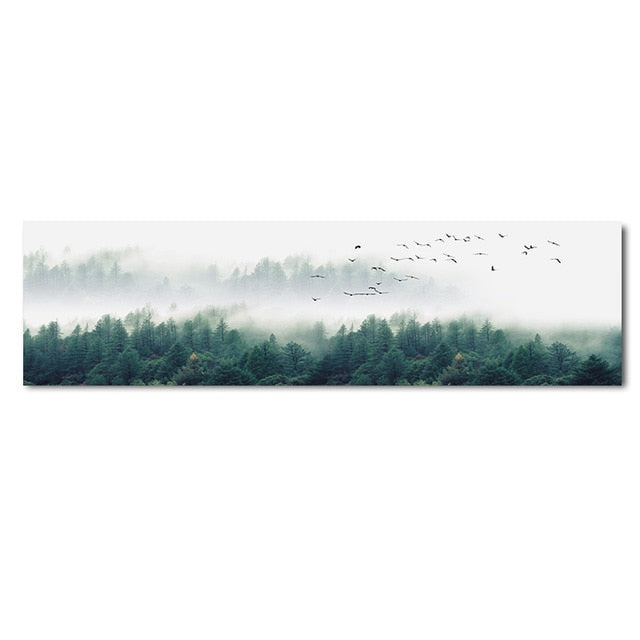 Misty Morning Forest Landscape Wide Format Wall Art Fine Art Canvas Prints Nordic Green Natural Wilderness Posters For Living Room Decor