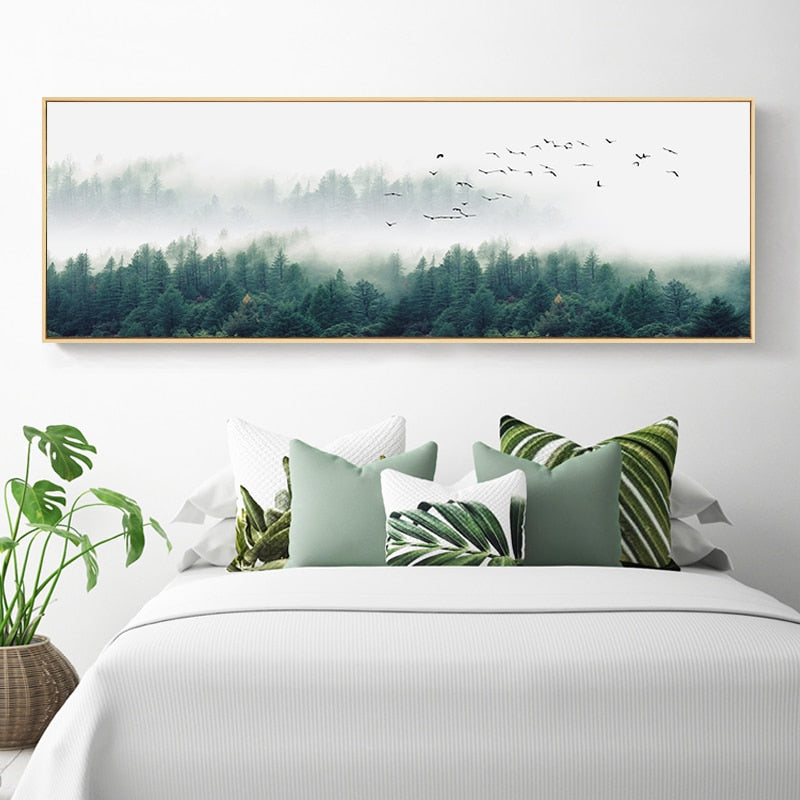 Misty Morning Forest Landscape Wide Format Wall Art Fine Art Canvas Prints Nordic Green Natural Wilderness Posters For Living Room Decor