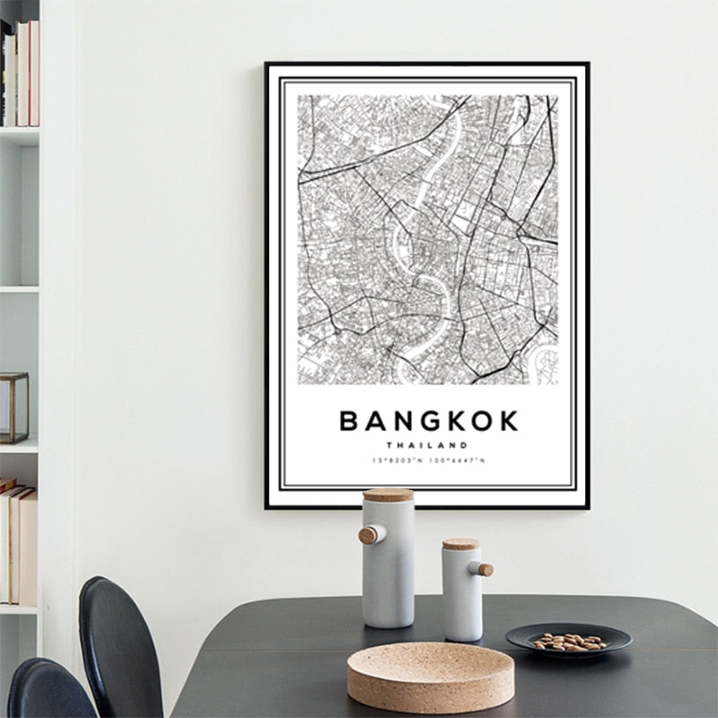 Bangkok City Map Wall Art Street Map Aerial View Black White Fine Art Canvas Prints Minimalist Thailand Travel Map Posters For Home Office Interior Decor