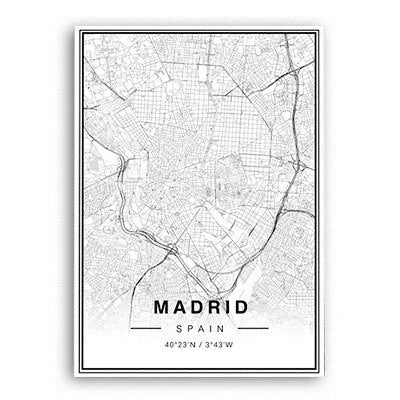 Madrid City Map Wall Art Black And White Fine Art Canvas Prints Spain Travel Business Office Longitude Latitude City Location Posters For Modern Home Decor