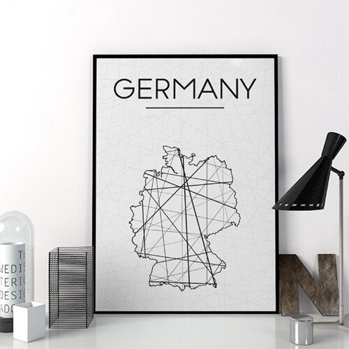 Germany Map Wall Art Abstract Geometric Design Black White Minimalist Fine Art Canvas Prints Pictures For Living Room Home Office Nordic Art Decor