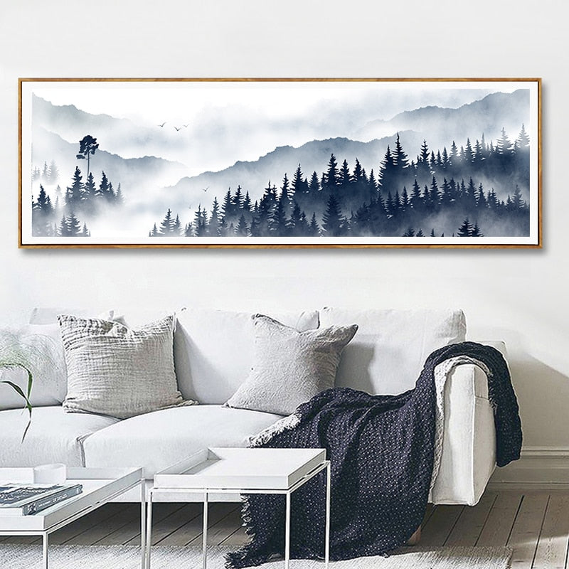 Misty Mountain Forest Landscape Wide Format Wall Art Nordic Style Fine Art Canvas Prints Pictures For Modern Scandinavian Home Interior Decoration
