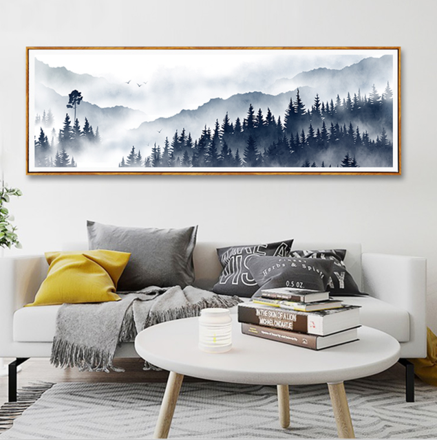 Misty Mountain Forest Landscape Wide Format Wall Art Nordic Style Fine Art Canvas Prints Pictures For Modern Scandinavian Home Interior Decoration