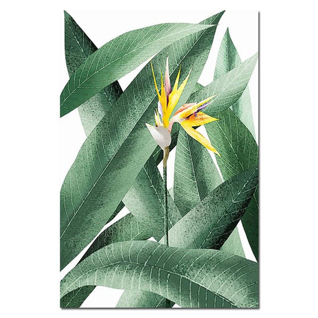 Tropical Botany Paintings Green Leaves Yellows Flowers Nordic Style Fine Art Canvas Prints Green Leaves Wall Art For Modern Home Interior Decor