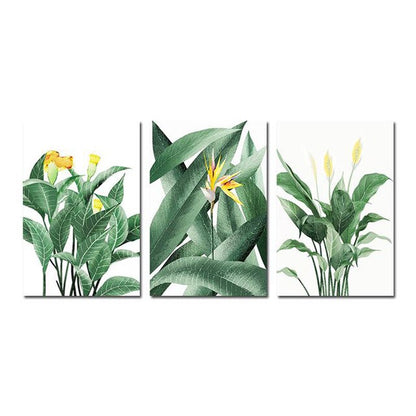 Tropical Botany Paintings Green Leaves Yellows Flowers Nordic Style Fine Art Canvas Prints Green Leaves Wall Art For Modern Home Interior Decor