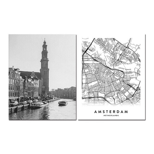 Amsterdam City Map Wall Art Black White Minimalist Design European Travel Pictures For Living Room Dining Room Home Office Nordic Wall Art Decor