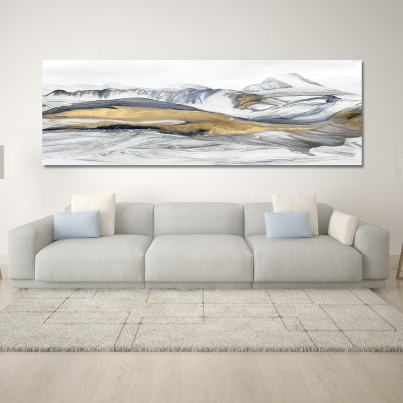 Wide Format Abstract Winter Landscape Golden White Gray Fine Art Canvas Prints Modern Panoramic Pictures For Living Room Bedroom Home Office Decor
