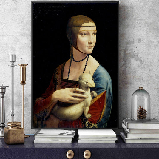 Famous Painting The Lady with an Ermine Leonardo da Vinci Classic High Renaissance Oil Painting Fine Art Canvas Print for Dining Room Decor