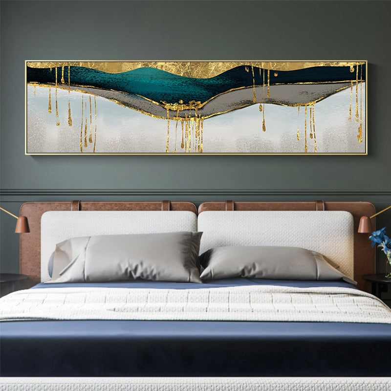 Golden Geomorphic Abstract Elements Wide Format Wall Art Canvas Prints Modern Contemporary Pictures For Living Room Bedroom Wall Decor