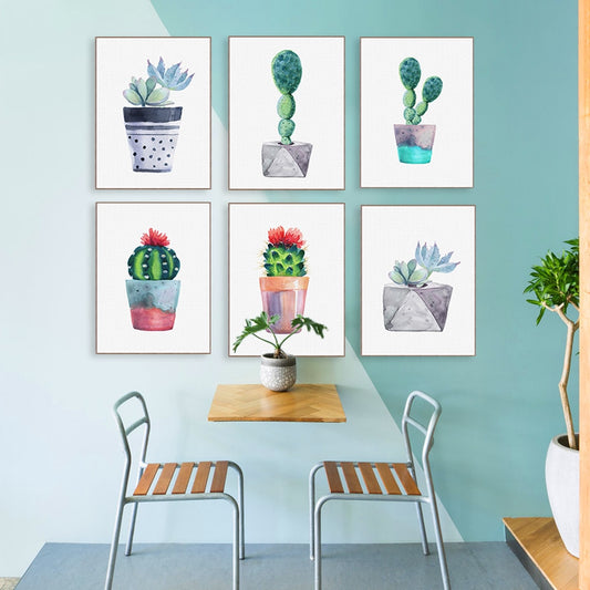 Cactus Watercolor Wall Art Colorful Potted Succulents Posters Fine Art Canvas Prints Pictures For Kitchen Dining Room Garden Home Decor
