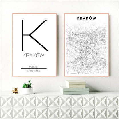 Krakow City Map Art Minimalist Typographic Design Poland Wall Art Poster Fine Art Canvas Print Pictures For Modern Office Home Interior Decor